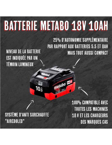 Infographie Batterie Metabo 18V 10Ah LiHD